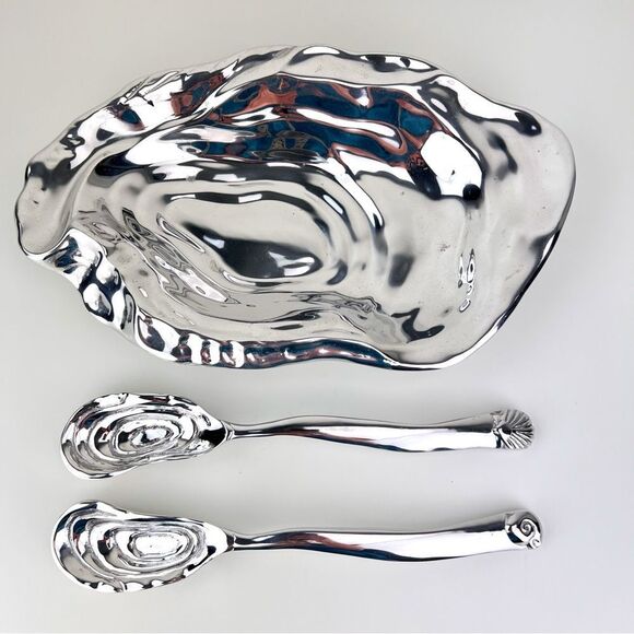 BEATRIZ BALL Oyster Bowl Ocean Platter 15” Aluminum With Two Spoons - Picture 1 of 16